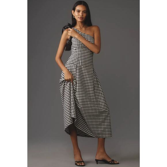 NWT By Anthropologie One-Shoulder Gingham Midi Dress $168 MEDIUM Black and White - Picture 2 of 5